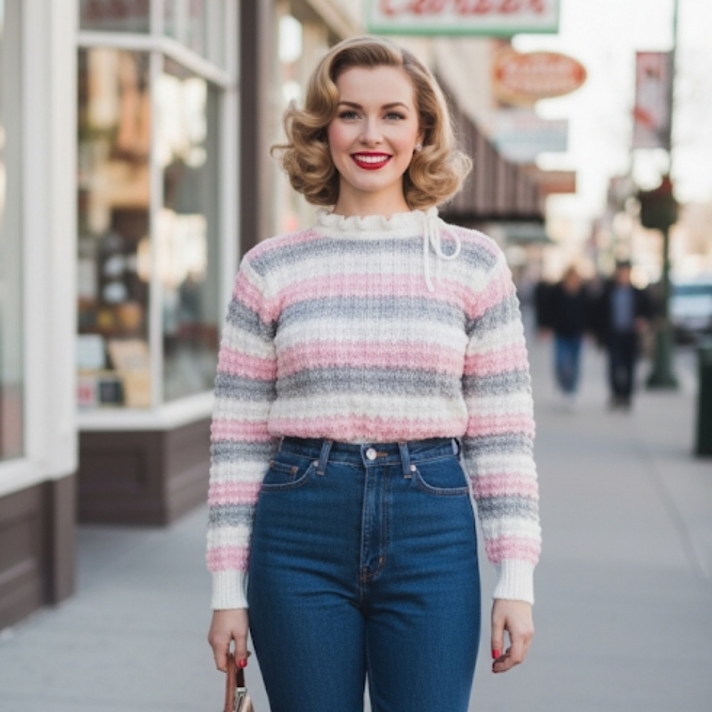VINTAGE striped ruffle collar sweater M